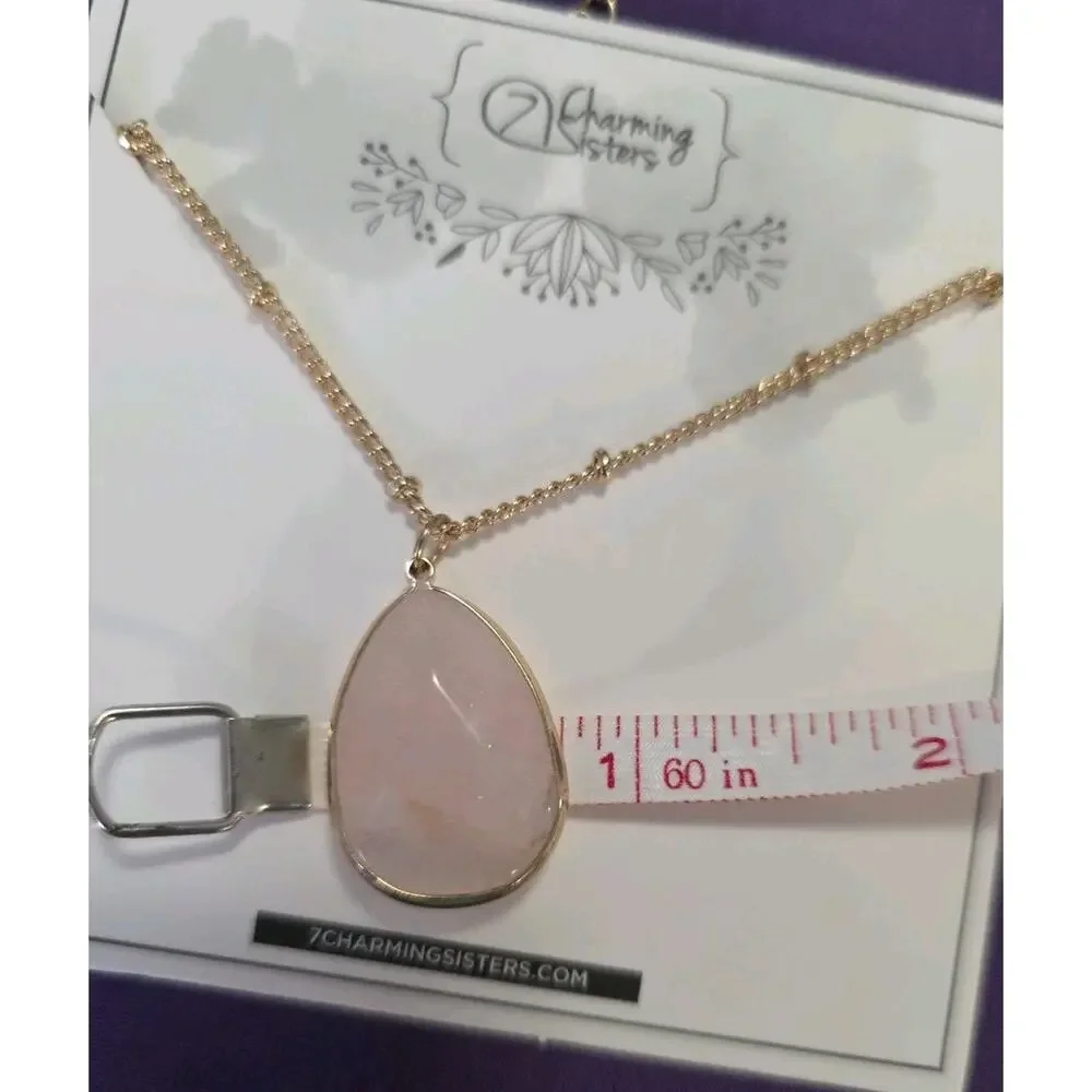 Rose Quartz Teardrop Pendant Necklace On Gold Tone Satellite Station Chain